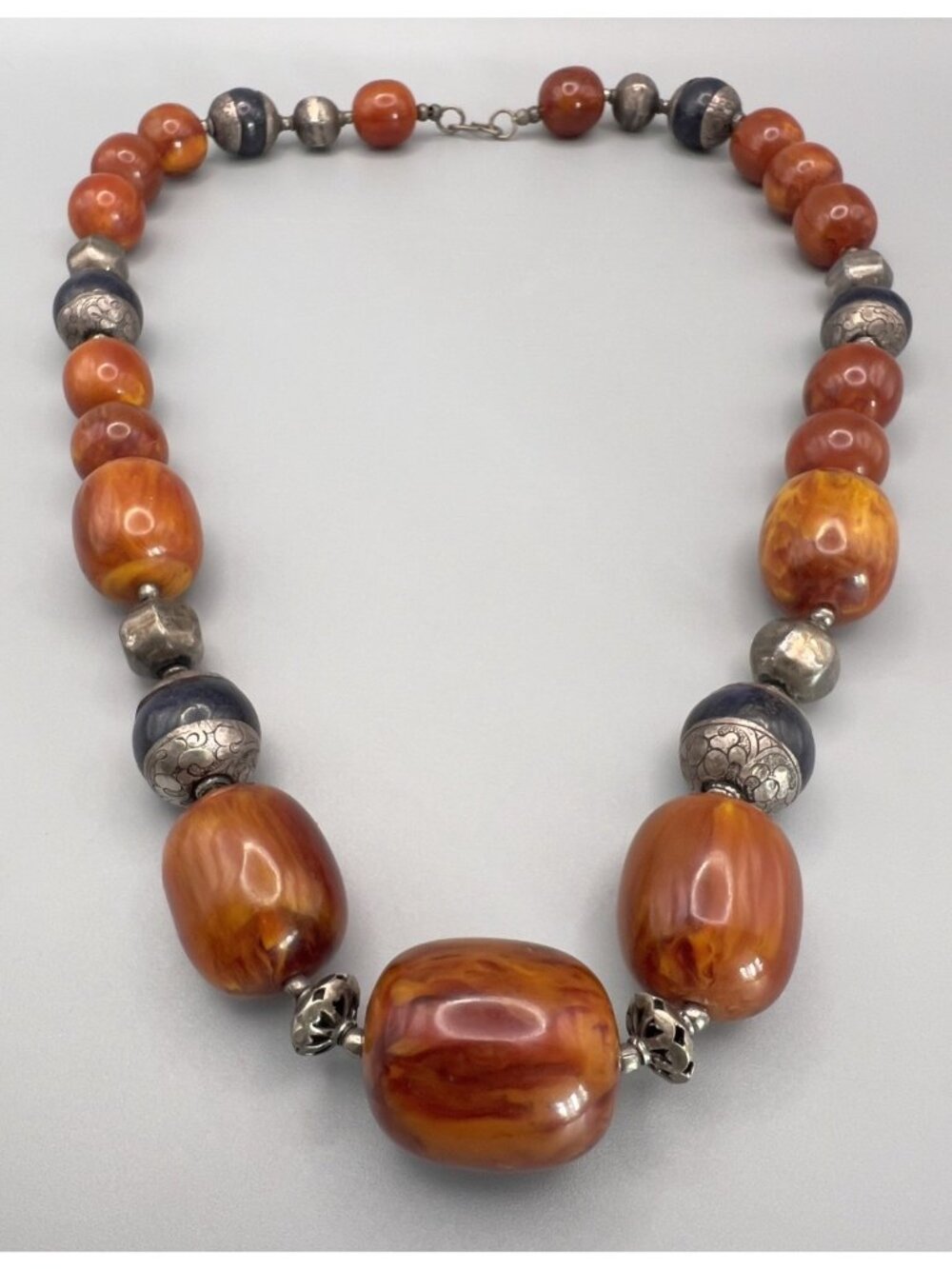 Antique Amber Lapis Lazuli Silver Tribal Necklace